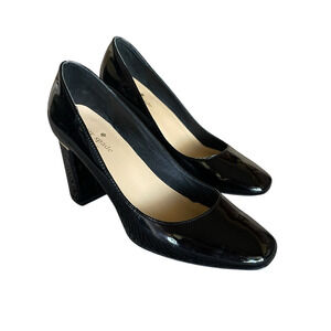 KATE SPADE Women’s Size 7.5M Black Patent Leather Gold Band Slip-On Heels Pumps